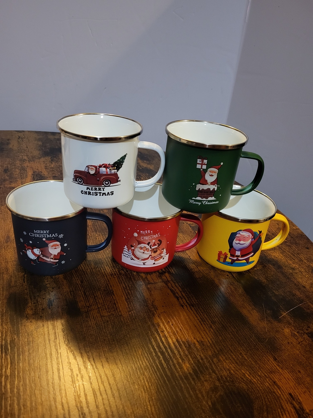 Festive Christmas Santa Enamel Mugs - Set of 5